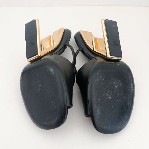 Fendi First Mule Slide Sandals Heels Black Gold Calfskin 38 - Picture 10 of 11